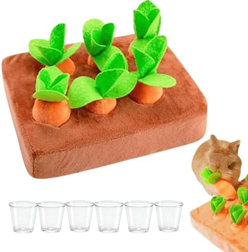 Upgraded Interactive Rabbit Enrichment Toys, Hide and Seek Snuffle Mat with Plush Carrot and Feeder Cups for Boredom & Stimulating, Bunny Puzzle for Puppies, Guinea Pigs, Kitten, Chinchilla (Small)