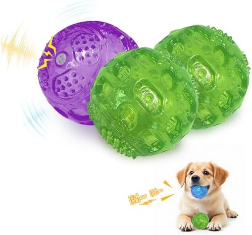 RICHIE Ultra Durable Squeaky Dog Balls 3 Inch for Large Medium Dogs, Tough Chew Toys for Aggressive Chewers, Floating Fetch Balls for Pool Play, Teeth Cleaning Dog Toys 3 Pack Purple + Green + Green