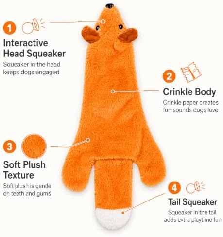 Interactive Crinkle Fox Dog Toy – No Stuffing Plush Squeaky Pet Toy (22"x8.5"), Tear-Resistant Reinforced Stitching, Odor-Free Chew Toy, Keeps Them Busy for Small, Medium & Large Dogs