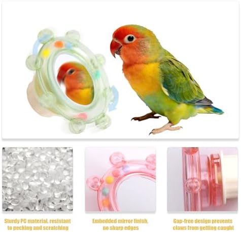 2pcs Bird Mirror Toy for Cage, Rotating Bird Mirror with Rustling Balls Embedded Interactive Birdcage Hanging Pet Accessories for Parakeet Budgie Lovebird Canaries Conures Perch Cockatiels