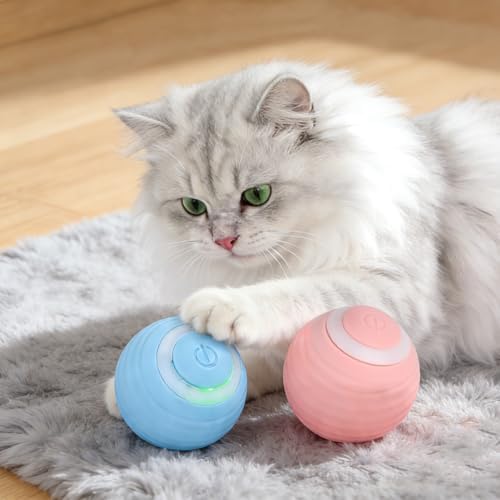 Interactive Cat Toy Ball Set, Indoor Mobile Cat Toy Ball with LED Light, Smart Pet Ball, Automatic Intelligent Rolling Ball Electric Chase Toy, USB Rechargeable - 2PACK