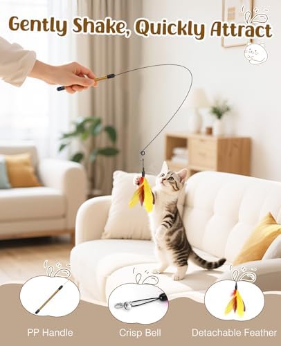Pawaboo Cat Feather Wand Interactive Toy, 2 Feathers + 1 Wand with Bell