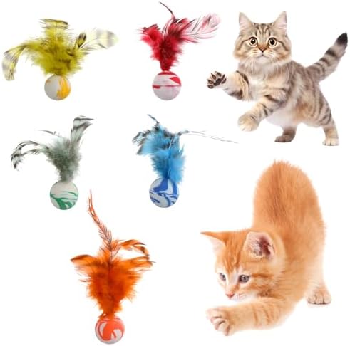5 Pcs Feather Cat Toy, Cat Toy Balls with Natural Feathers, Interactive Indoor Cats Toys for Playful Kittens, Feather Bouncy Balls for Cats
