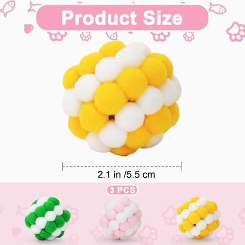 Cat Toy Balls with Crinkle Sound 3-Pack, 2-Inch Soft Plush Pom Pom Balls for Indoor Cats & Kittens, Colorful Fuzzy Interactive Chewing Toys for Hunting Playing, No Catnip