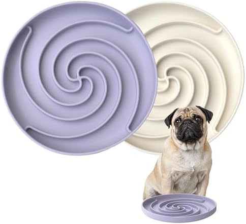 Bifeaw Slow Feeder Dog Bowls, Dishwasher Microwave Safe Silicone Puppy Puzzle Bowl with Non-Slip Design for Eating (White and Purple)