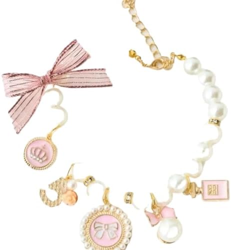 Ribbon Bow Pearl Pet Necklace,Multi Decor Charms Adjustable Collar Kittens