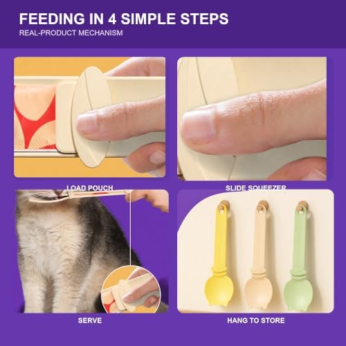 3 Pack Cat Treat Dispenser Spoons for Wet Food – Lickable Squeeze Spoon for Churu & Cat Treats – Multi-Function Feeding Spoon for Cats – 9.8 Inch,Beige, Yellow, Green
