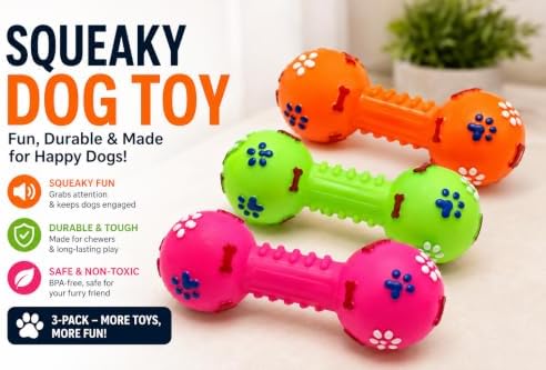 Squeaky Chew Toy for Dogs, 3 Pack, Durable Rubber Dog Toys, Dental Chew Toys, Interactive Squeaky Toy, Safe & Non-Toxic, Small to Medium Dogs