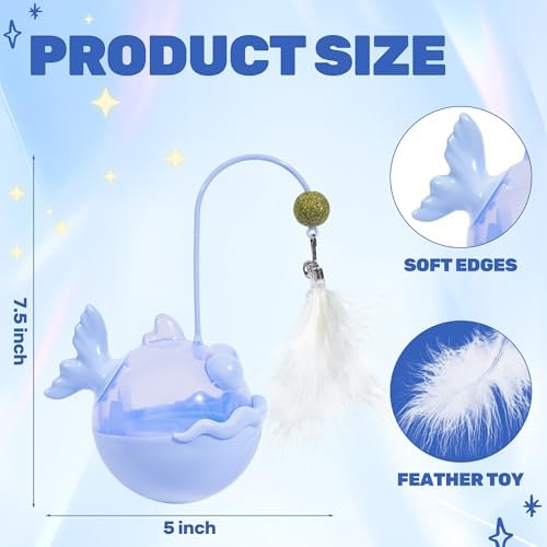 Cat Interactive Toys,Wobble Kitten Treat Dispensing Ball with Catnip and Feathers, Indoor Puzzle Slow Feeding, Cats Treat Dispenser Kicker Toy for Large, Medium and Small Cats (Blue, Fish