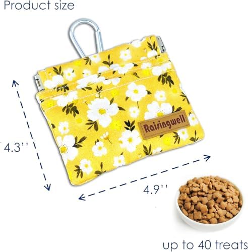 Raisingwell Dog Treat Pouch, Pocket Sized Pet Training Pouch, Cotton Fabric, Hand Free Yellow Flower Dog Walking Bag with Carabiner, Self-Closing Pet Feed Snack Reward, for Puppy Travel or Outdoor Use