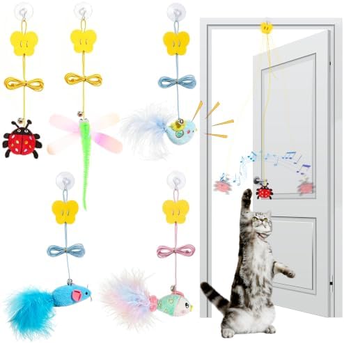 Hanging Door Cat Toy with Elastic String, Interactive Cat Toys for Indoor Cats, Retractable Door Hanging Cat Teaser with Bell/Feather/Plush (Animal Door Hanging 5 Pack)