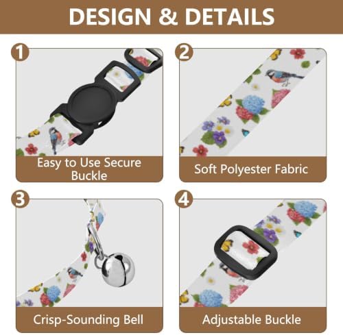 Colorful Birds Soft Polyester Pet Collar, 2 Pack Breakaway Cat Collars with Bell