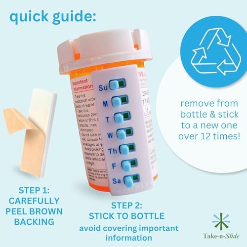 TAKE-N-SLIDE Peel and Stick Reusable for 12 + Refills, Pill/Medication/Vitamin/Pet Med Tracker & Reminder, Attach to Your Bottle, Organizer-Free, Curved‑Back (White, 2-Pack)