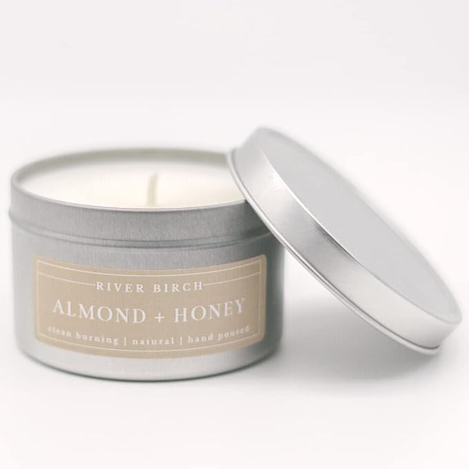 River Birch Candles Almond + Honey Scented Candle | Premium, All-Natural, Non-Toxic, Soy Candles | 8 oz. Silver Tin Travel Candle | Cozy Relaxing Gifts for Home