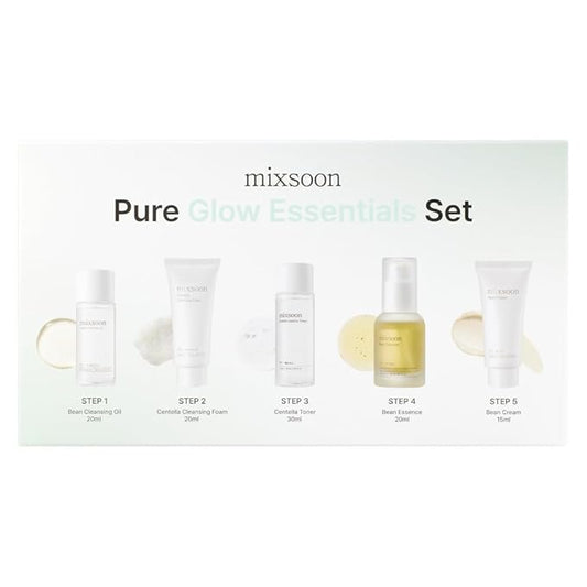 mixsoon Pure Glow Essentials Set - 5-Step Skincare Kit - Travel kit, Travel size kit, Hydrating Skincare Gift Set (15ml*1+20ml*3+30ml*1) Korean Glass Skin Care