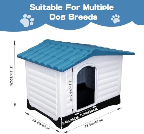 2-Door Small Dog House with Fold-Out Porch and Elevated Base, Blue