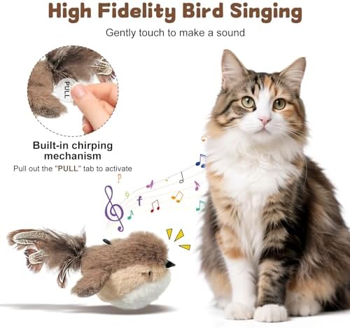 Interactive Cat Toy for Indoor Cats, Chirping Bird Cat Toy with Green Turf Base, Flying Bird Cat Toy with Real Bird Sound and Feather Tail, Cats Exercise & Kicker to Self Play