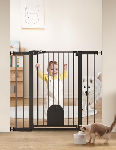 Babelio 36" Tall Baby Gate with Adjustable Cat Door, CatPrivilege I, 29-43" | Auto Close, Safety Gate for Stairs, Easy Walk Thru with Pet Door, Includes 4 Wall Cups and 3 Extension Pieces, Black