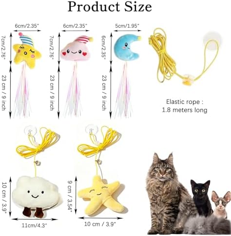 Hanging Door Cat Toy with Elastic String, Interactive Cat Toys for Indoor Cats, Retractable Door Hanging Cat Teaser with Bell/Feather/Plush for Self-Play (5 Pack)