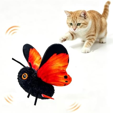 Interactive Cat Toy, Fluttering Electric Bug Cat Toy, with Vibrating Flapping Wings, Touch Activated Rechargeable Auto Motion Kitten Toy, Indoor Cats Self Play (Red Butterfly)