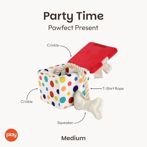 P.L.A.Y. Cute Plush Dog Toys - Birthday Party Celebration Themed Durable Squeaker Chew Toy, Great for Puppies & Small, Medium, Large Dog - Machine Washable, Recycled Material (Pawfect Present, Medium)