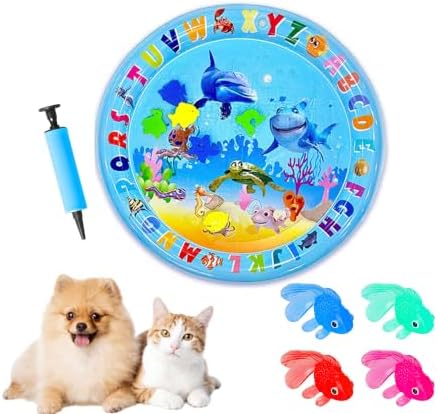 2026 Upgraded Cat Water Mat – 5-Layer Anti-Scratch Leak-Proof Sensory Play Mat for Indoor Cats, BPA-Free Cooling Water Pad, Interactive Enrichment Toy (S17, 65 * 65CM, 4 Fish + Pump Included)