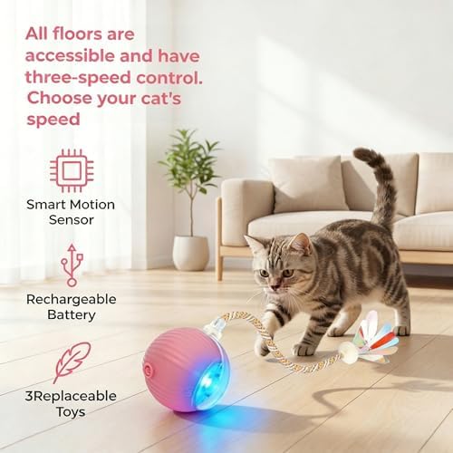 Interactive Cat Toys Ball，Automatic Interactive Cat Toy with 3 Modes, LED Light & 3 Replaceable Accessories, Indoor Cat Exercise Toy for Kittens & Adult Cats, Relieves Boredom Golden Yellow
