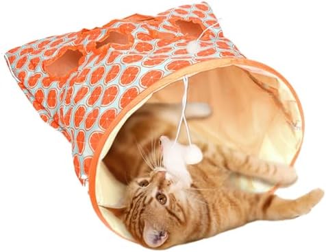 SYCOOVEN Cat Tunnel Bag for Indoor Cats, Pet Collapsible Tunnel Crinkle Sack Bag with 1 Little Mouse & Toy Ball, Crinkle Paper Interactive Cat Toys Hide and Seek(Orange Pattern)