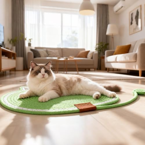 Cat Scratcher Mat Natural Cotton Rope Oval Horizontal Floor Cat Scratch Bed Pad with Ball Toy Protector for Furniture Floor Wall (White, 1 PC)