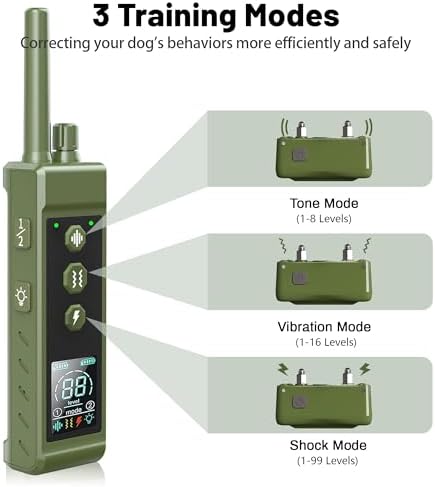 Shock Collar for Dogs - 4265ft Waterproof Training Collar with Flashing Light for Small Medium Large Dogs with Rechargeable Remote, Beep (1-8), Vibration(1-16), Safe Shock(1-99) (Green)