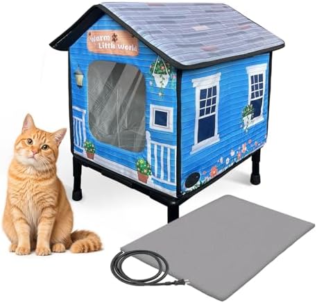 Heated Cat House for Outside,Cat Heating Pad with Dual Escape Doors,Elevated Waterrproof Insulated Heated Cat House with Heater for Winter,Soft Cat Bed,Safety Outdoor Feral, Stray, Barn Cats Shelter