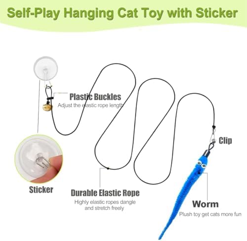 Door Hanging Cat Toys with Suction Cups, Interactive Hanging Feather & Plush Cat Toy with Bell, Assorted Replaceable Refills for Indoor Kitten Hunting Exercise (Caterpillar Set (10Pcs))