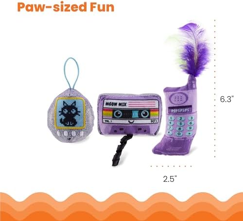 Catstages So Meowsome 90s Cat Toys, 3-Pack Catnip Plush Toys with Crinkle, Feathers & Dental Mesh, Multicolored