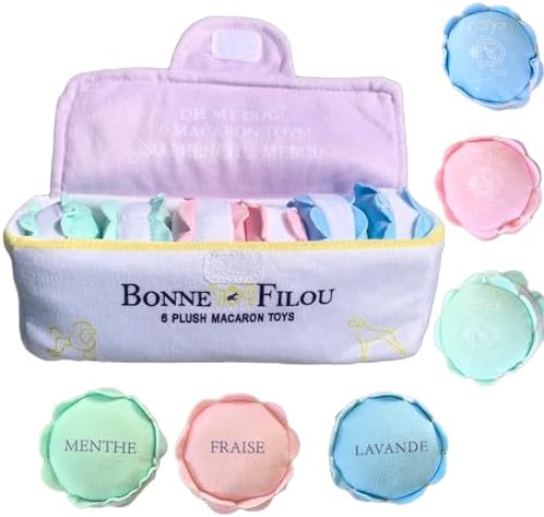 Bonne et Filou 6 Count Macarons Shape Plush Squeaky Dog Toys Interactive Puppy Chew Toys for Aggressive Chewers Dog Toys for Small and Medium Dogs