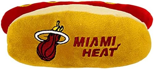 Pets First NBA Miami Heats HOT Dog Plush Dog & CAT Squeak Toy - Cutest HOT-Dog Snack Plush Toy for Dogs & Cats with Inner Squeaker & Beautiful Basketball Team Name/Logo 8 x 5 x 3 Inches