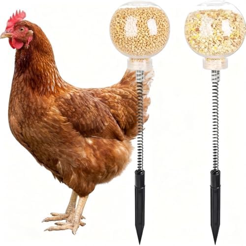 2 Pack Chicken Pecking Toys, Chick Interactive Slow Feed Enrichment Toy, Chicken Swing Feeder with Spring and Ground Stake, Coop Accessories for Hens Poultry Duck Birds Parrots