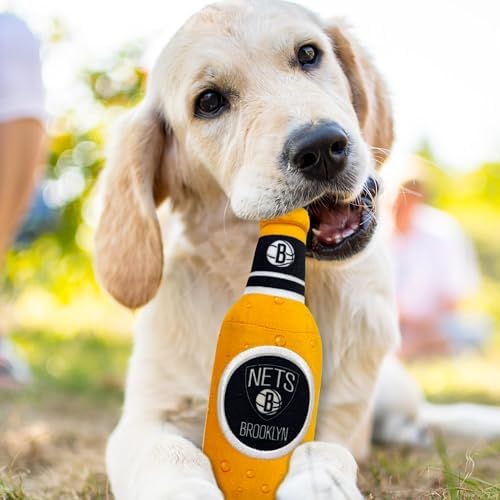 Pets First NBA Brooklyn Nets Beer Bottle Plush Dog & CAT Squeak Toy - Cutest Stadium SODA Bottle Snack Plush Toy for Dogs & Cats with Inner Squeaker & Beautiful Basketball Team Name/Logo