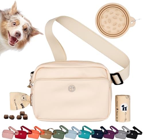 Puppington 3-in-1 Crossbody Dog Walking Bag & Treat Pouch for Pet Training - Matching Compostable Poop Bags, Built-In Poop Bag Dispenser & Slow-Feeding Travel Bowl (Vanilla Cream)