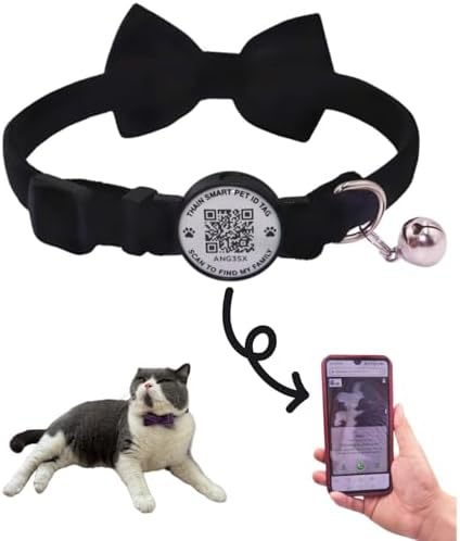 THAIN Personalized Cat Collar with Bell and Bowtie Breakaway QR Code Name Smart ID tag Quick Release Soft Comfortable Collar for Cats and Kittens (Black)