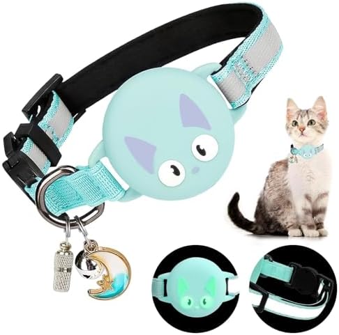 Reflective Breakaway Cat Collar for AirTag (1st & 2nd Gen) Holder - Waterproof Safety Buckle Kitten Collar with Bell, Luminous Lightweight GPS Tracker Case for Apple for Air Tag (Mint Green)