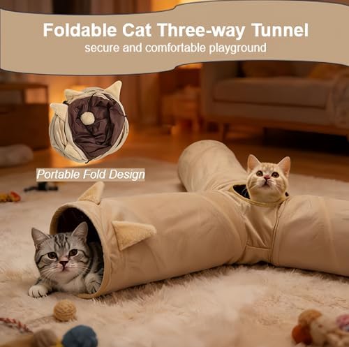 Cat Tunnel 3 Way Collapsible, Cat Ear Design with Crinkle Sound, Indoor Cat Toys Interactive, 4 Peek Holes Pet Play Tube for Cats, Kitten, Puppy, Rabbit, Brown (3-Way Brown Cat Ears)