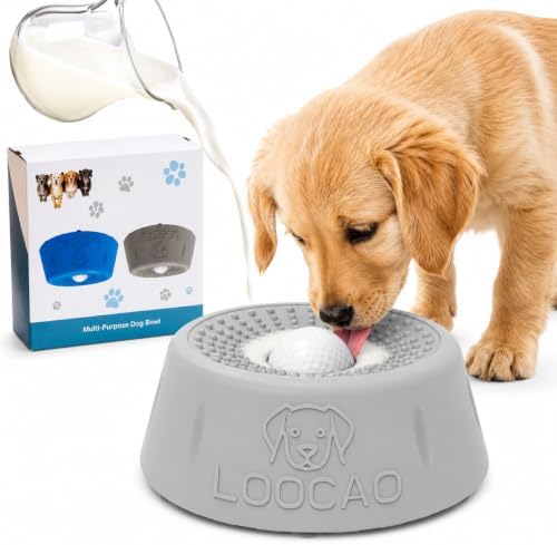 Dog Lick Bowl, Slow Feeder Dog Bowl with Interactive Lick Ball, Non-Slip Dog Enrichment Feeder for Wet Food, Yogurt, Peanut Butter & Milk, Gray