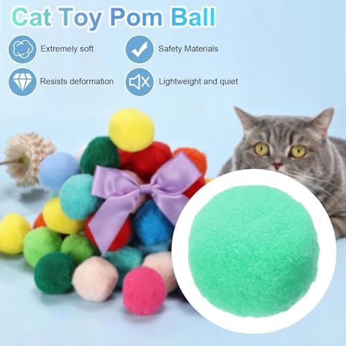 Cat Toy Pom Ball, Interactive Cat Ball Toys Fuzzy Pompoms (Plush, 1.2Inch, 30Pcs, Green) for Kittens Pet Enrichment Training Play Indoor