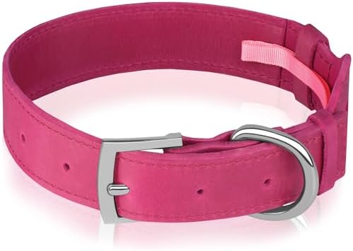 Leather Dog Collar with Airtag Holder - Apple Air Tag Dog Collars - Soft Tracking GPS Pet Collar for Small Medium Large Dogs Breed Puppy (Pink, S, 9"-12" Neck Fit)