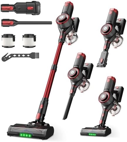 K25 Cordless Vacuum Cleaner, 650W 55KPa Stick Vacuum, 70Min Runtime (Red)
