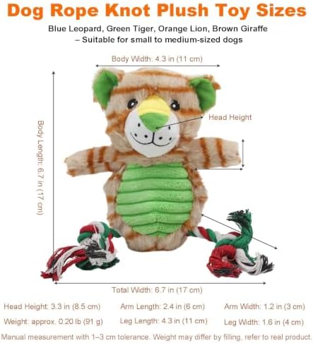 Tiger Plush Dog Toy with Rope and Squeaker for Small Medium Dogs