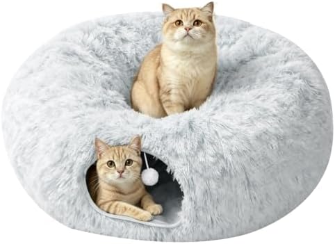 Cat Tunnel Bed for Indoor Cats, Peekaboo Cat Cave Donut Bed & Play Tunnel