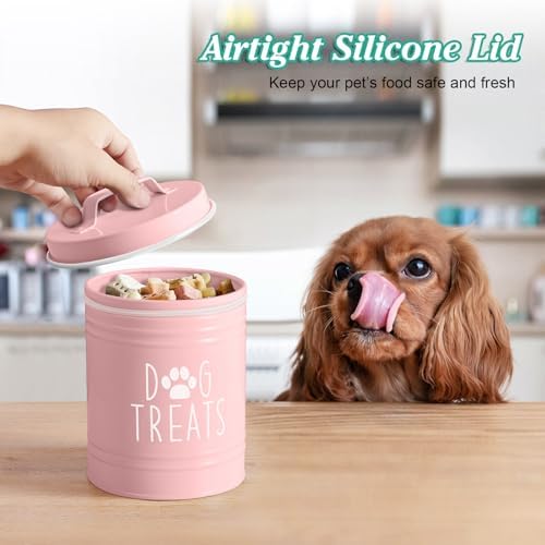 OUTNILI Pink Small Dog Treat Container Airtight - 6" Tall X 4.9" Round Pink Dog Treat Jar for Kitchen Counter - Rustic Treat Storage Canister for Dogs, Cats, Small Animals - Gifts for Pet Owners