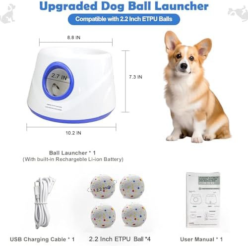 MEKAPLE Automatic Dog Ball Launcher, Upgraded Interactive Dogs Balls Thrower for Small Dogs, Distance Adjustable Mental Stimulating Dog Toys with 4 Durable Etpu Balls 2.2 Inch (Blue)