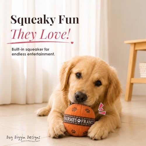 Dog Diggin Designs Hairmes Ball Plush Dog Toy – Fashion Inspired Squeaky Parody Ball Toy, Soft Luxury Style Interactive Pet Toy for Small Dogs and Puppies, Cute Plush Fetch Toy